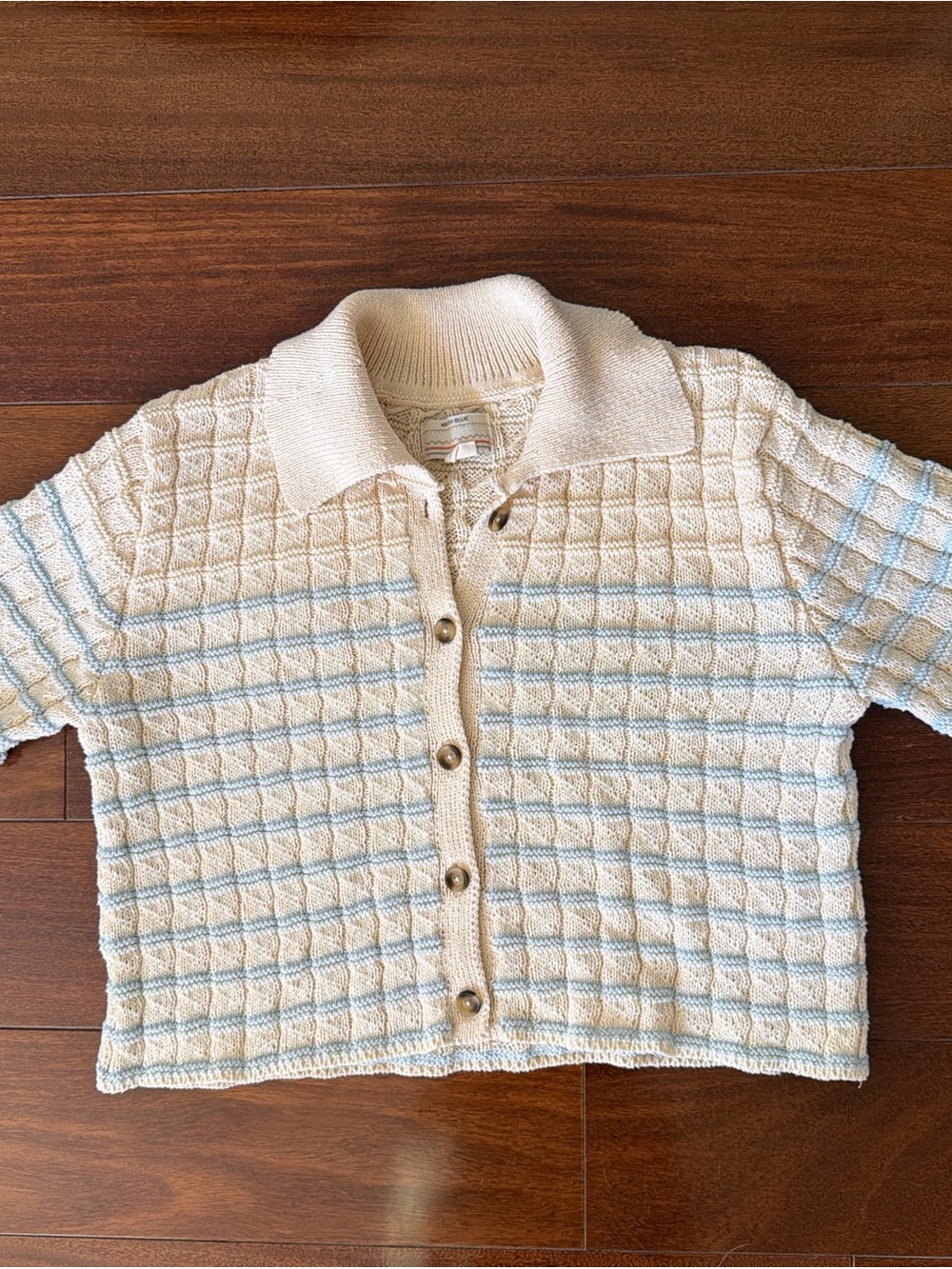 Kimchi Blue Cream Collared Knit Cardigan with Light Blue Stripes